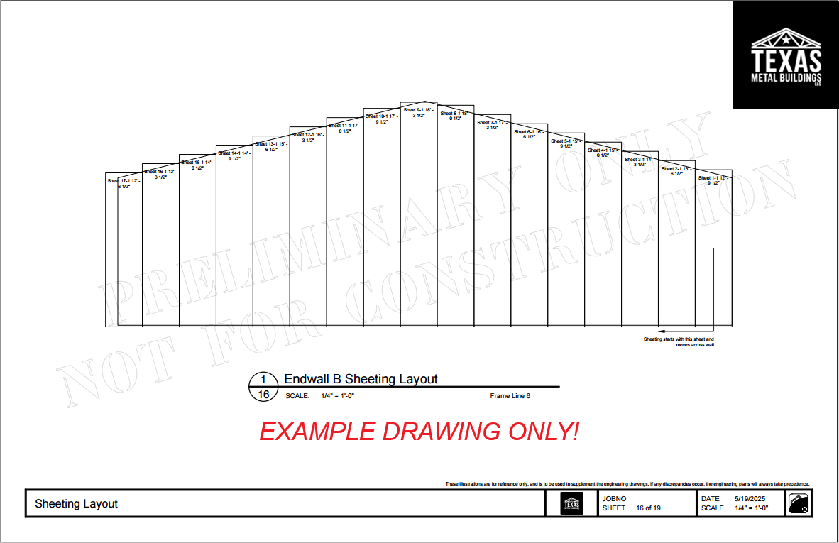 Cold formed steel end wall B sheeting layout showing panel cuts, lengths, and positions around framed openings.
