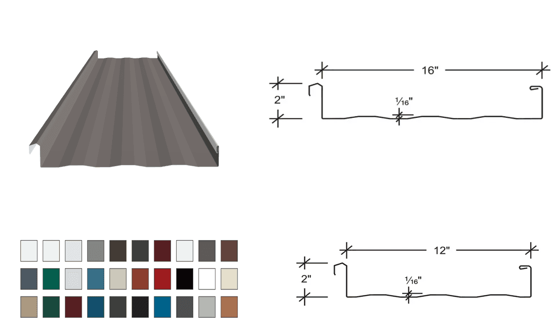 Illustration of roofing material with color options and dimensions for two panel sizes.