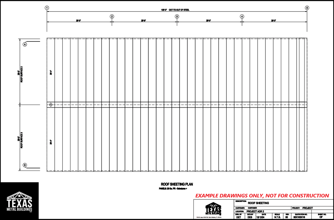 Roof sheeting plan with measurements and layout details for a metal building structure.