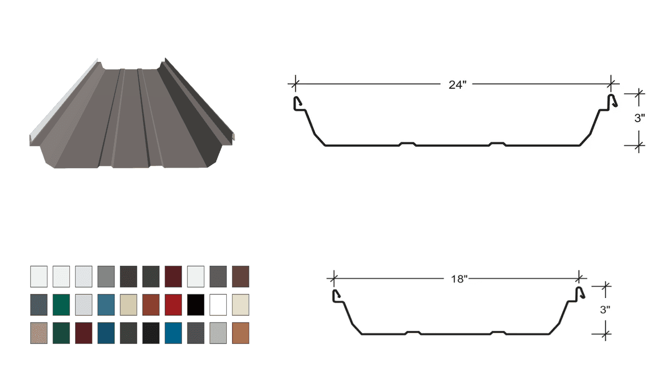 Diagram of trapezoidal metal roofing panel with dimensions and color options.