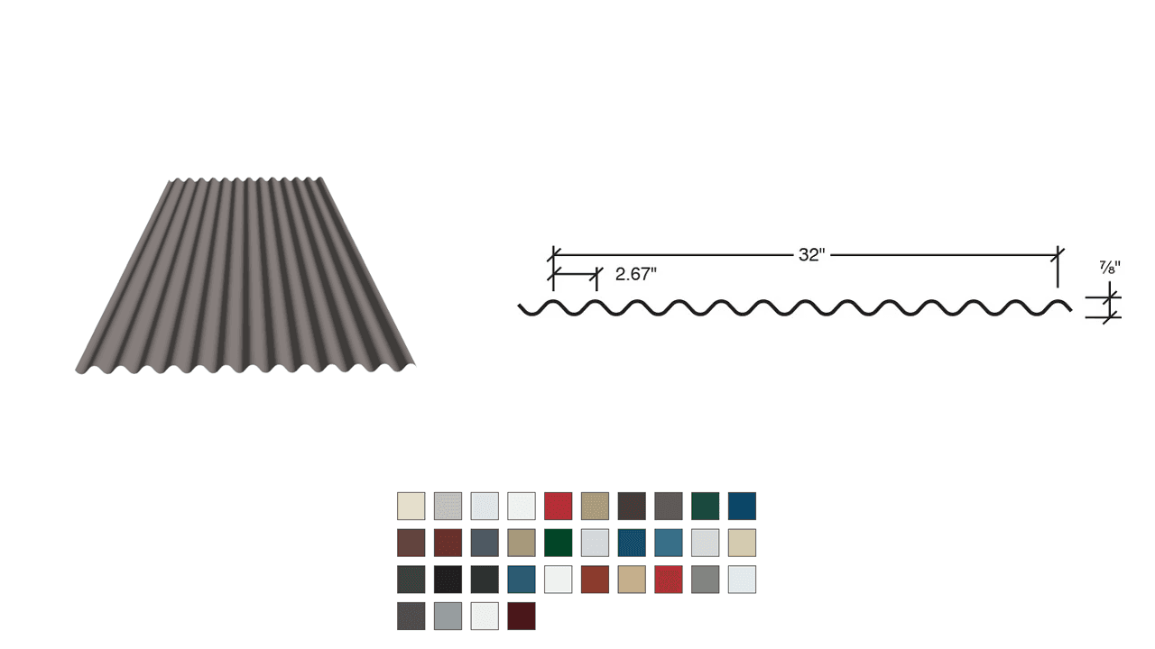 Corrugated metal roofing panel with dimensions and a palette of available colors shown below.