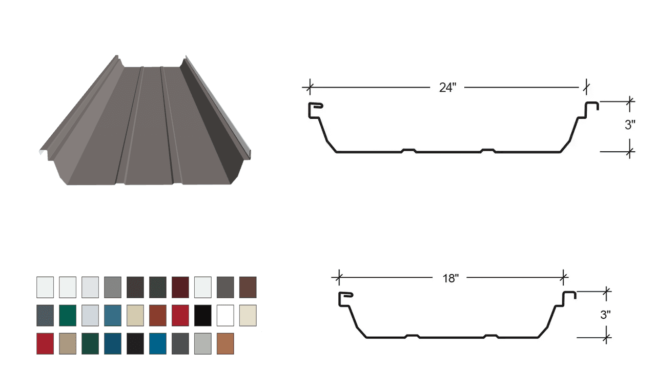 Illustration of metal roofing panel with dimensions and color options shown.