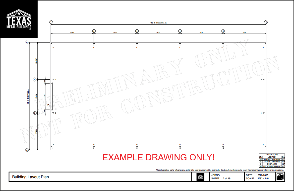 Top-down anchor bolt layout plan showing bolt spacing, foundation alignment, and dimensions for cold formed steel building.