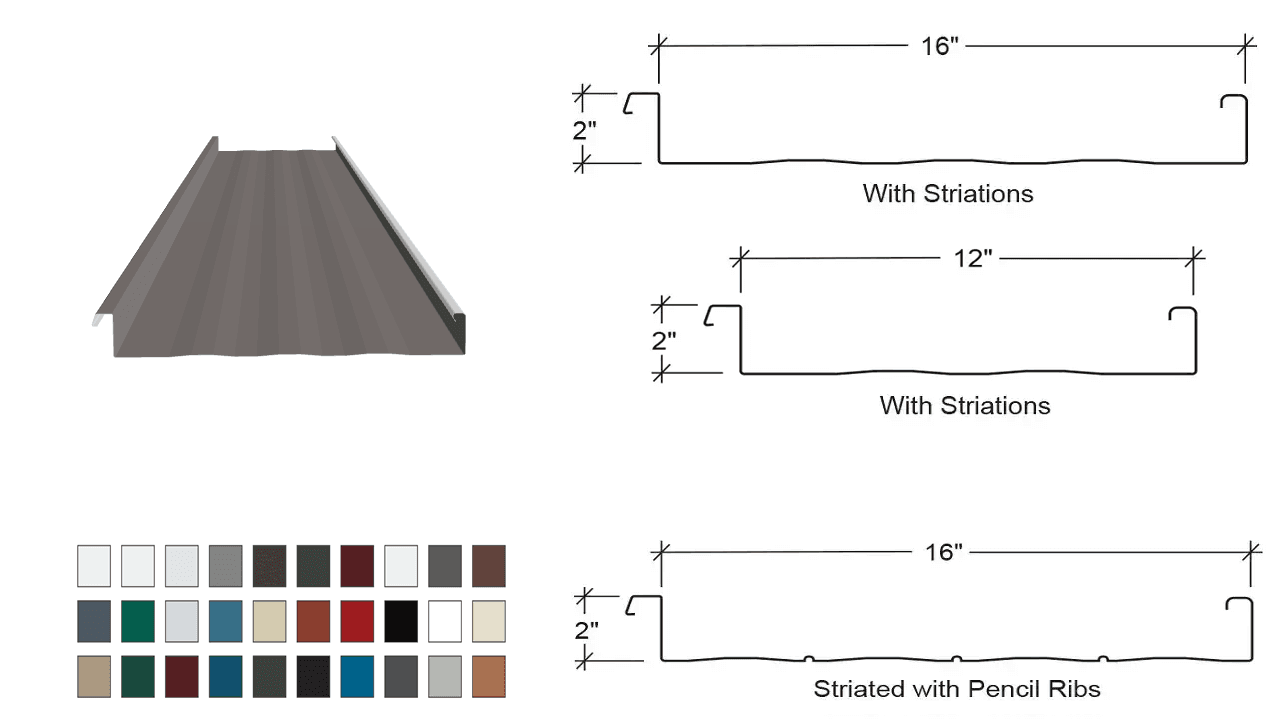 Illustration of metal panel profiles with dimensions and color options.