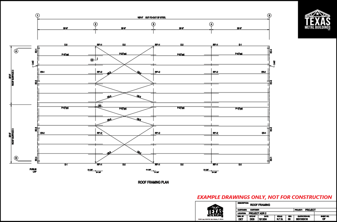Metal building roof framing plan with purlin, rafter, and bracing layout by Texas Metal Buildings