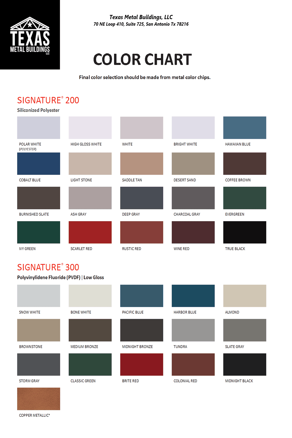 Texas Metal Buildings color chart displaying various shades of Signature 200 and Signature 300 coatings.