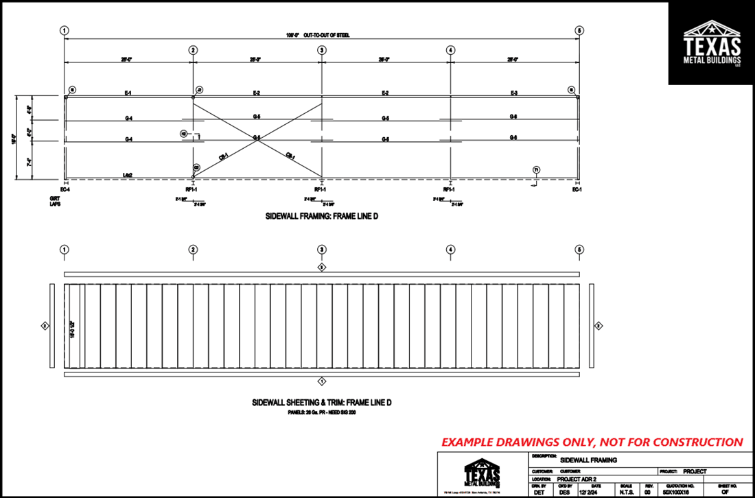 Engineering blueprint of metal building sidewall framing with architectural details and measurements.