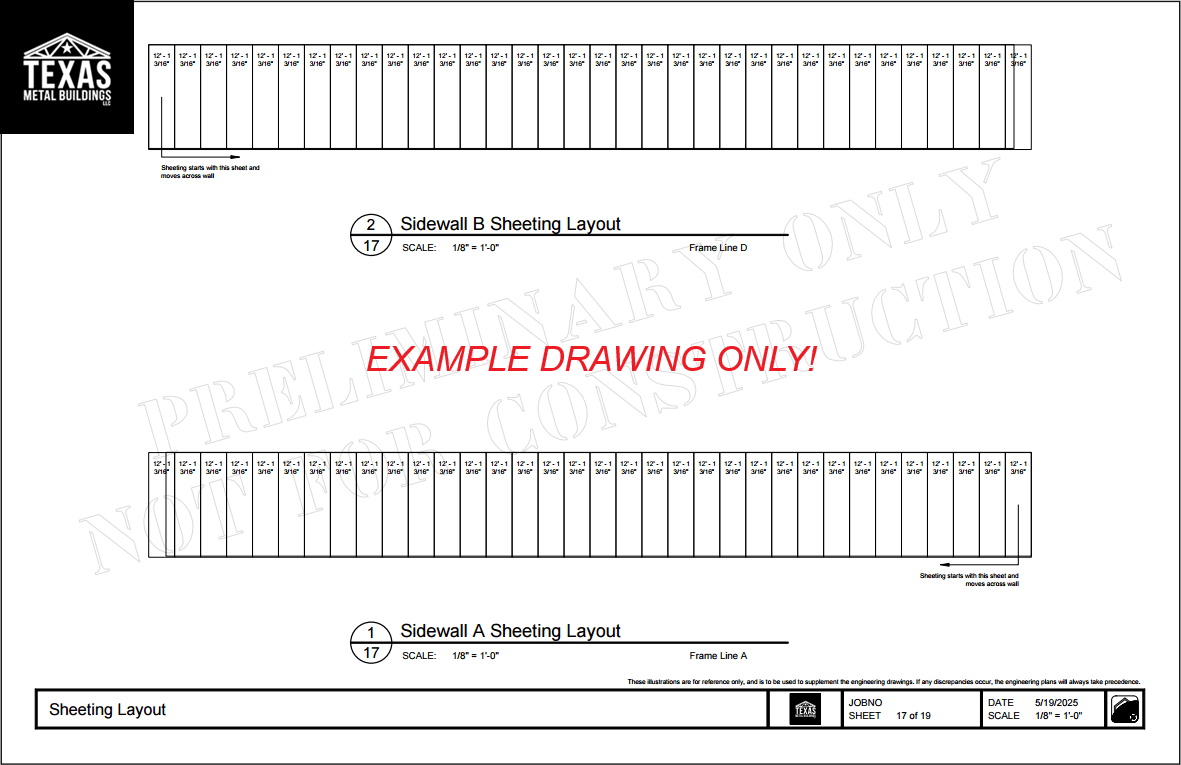 Cold formed steel side wall sheeting layout showing labeled panel lengths and positions for both long sides of the building.