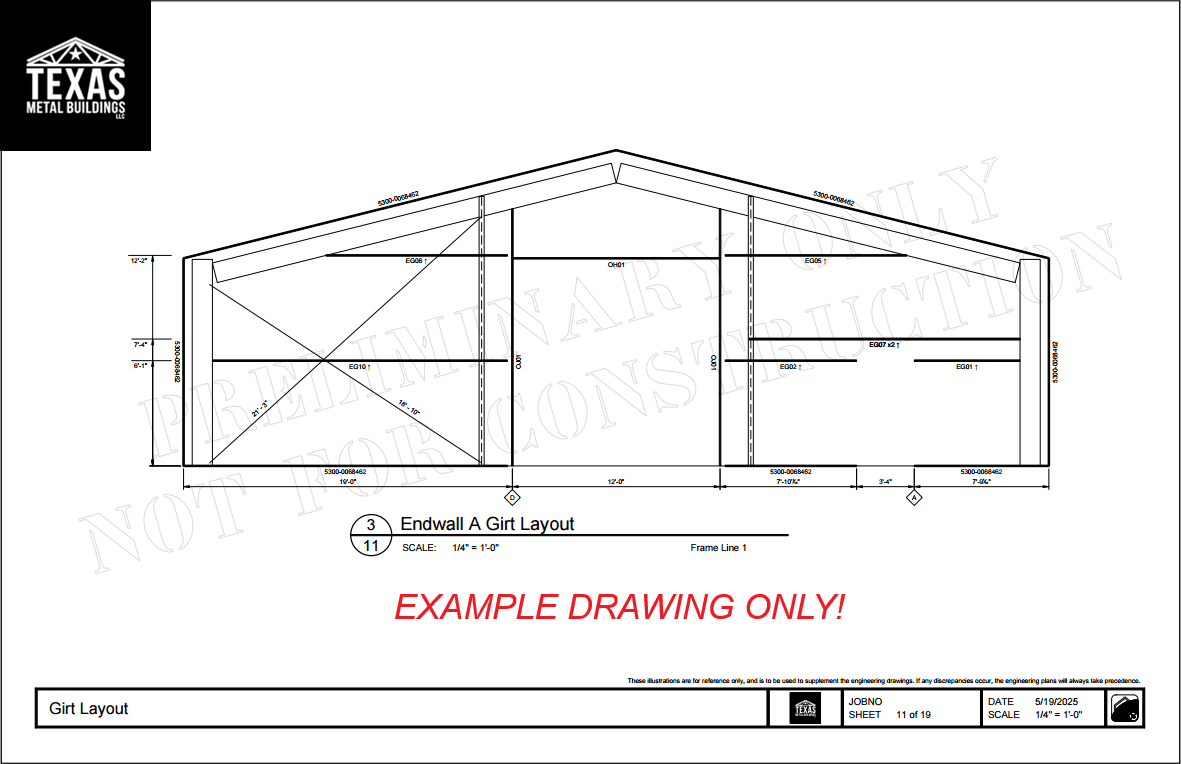 Cold formed steel end wall framing drawing showing column and girt layout, bracing, and door openings for left side of building.