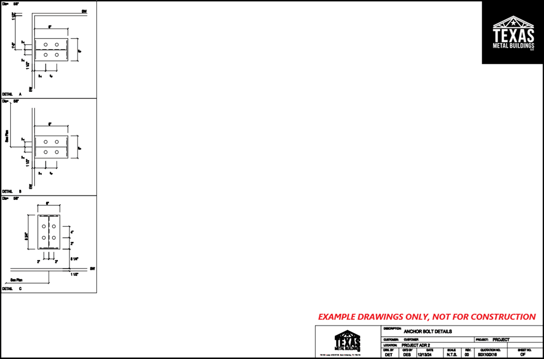 Technical illustration of anchor bolt details with detailed measurements, labeled Texas Metal Buildings LLC.