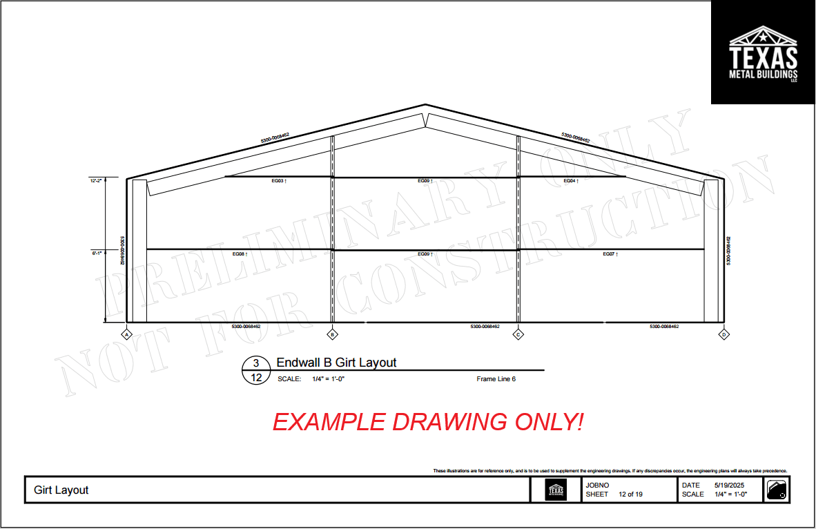 Cold formed steel end wall framing drawing for right side of building showing girts, columns, and framed openings.