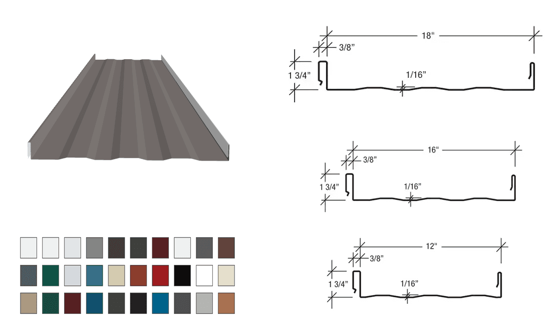 LokSeam® concealed fastener standing seam metal panel with 12", 16", and 18" coverage widths, 3:12 minimum slope, and 1-3/4" rib height. Compatible with standard and UL90 clips. Offered in 24-gauge standard, 26-gauge (12"), and 22-gauge (12", 16", 18") options. Available in striated and embossed striated finishes with Galvalume Plus®, Signature® 200, Signature® 300, and Signature® 300 Metallic coatings.