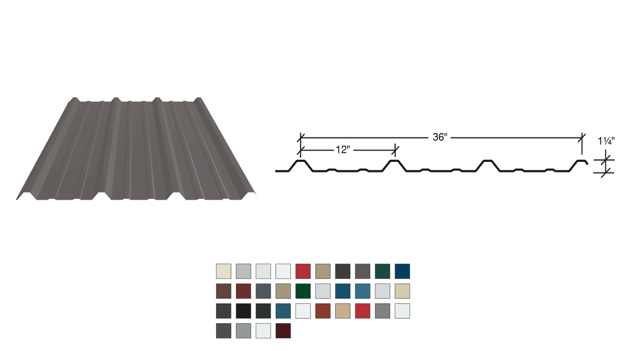 PBR metal panel with 36-inch coverage width and 1¼-inch rib height, showing 12-inch rib spacing and available in multiple color finishes. Designed for exposed fastening systems, supports 1/2:12 minimum slope, and offered in smooth or embossed finish. Coatings include Galvalume Plus® and Signature® series, with lengths from 5 to 50 feet.