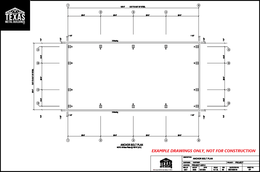 Anchor bolt plan with measurements and layout for Texas Metal Buildings, labeled 'example drawings only'.