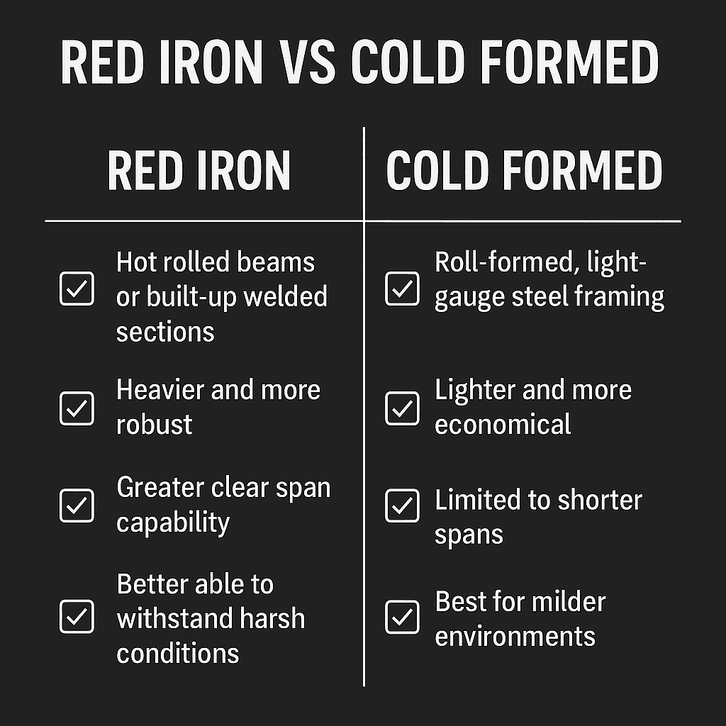 Side-by-side visual comparison of Red Iron vs Cold Formed steel framing, showing differences in framing type, strength, and span capacity.