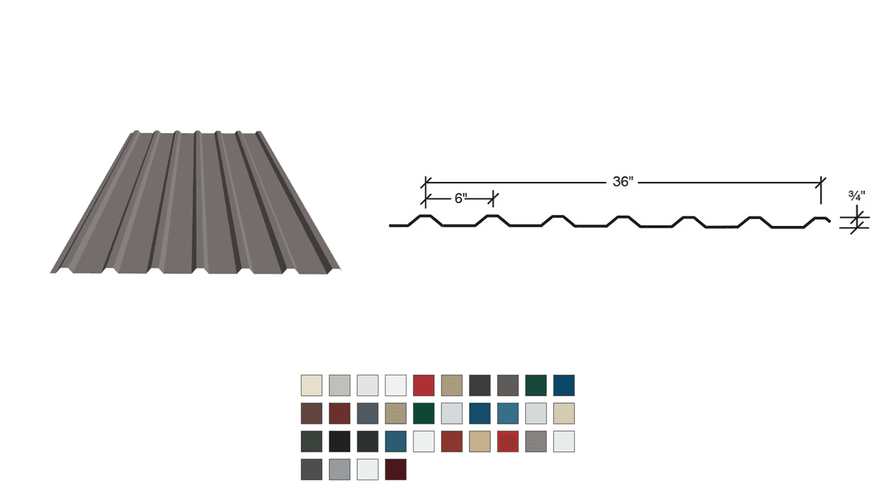 PBU metal panel with 36-inch coverage width, 3/4-inch rib height, and 6-inch rib spacing. Compatible with 1:12 minimum slope applications, it features an exposed fastening system, smooth or embossed finish, and a wide range of colors. Available in 26, 24, or 22 gauge and coated in Galvalume Plus® or Signature® 200/300 finishes with lengths from 5 to 50 feet.