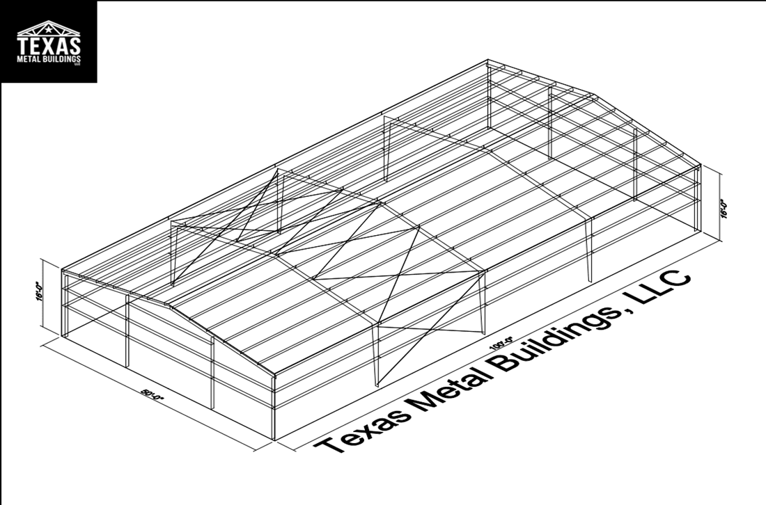 Isometric drawing of a metal building with dimensions, labeled 'Texas Metal Buildings, LLC.'