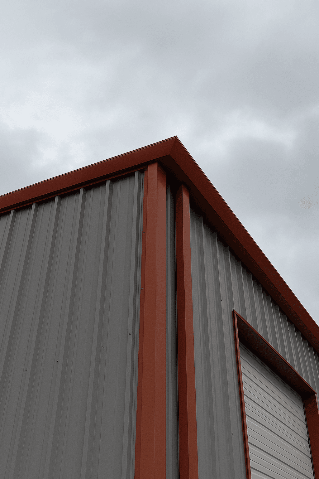 Exterior view of metal building with gray 26-gauge wall panels and red sculptured trim at roofline and framed opening.