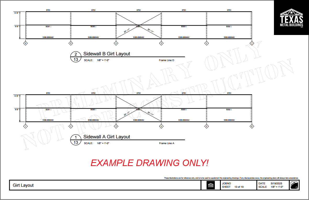 Cold formed steel side wall framing layout showing column spacing, girts, and bracing for both long sides of the building.