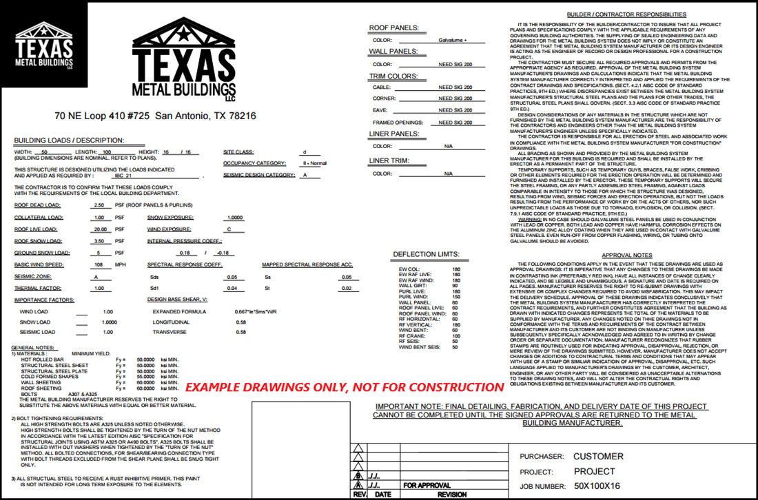 Texas Metal Buildings document with specifications and notes, labeled as example drawings not for construction.