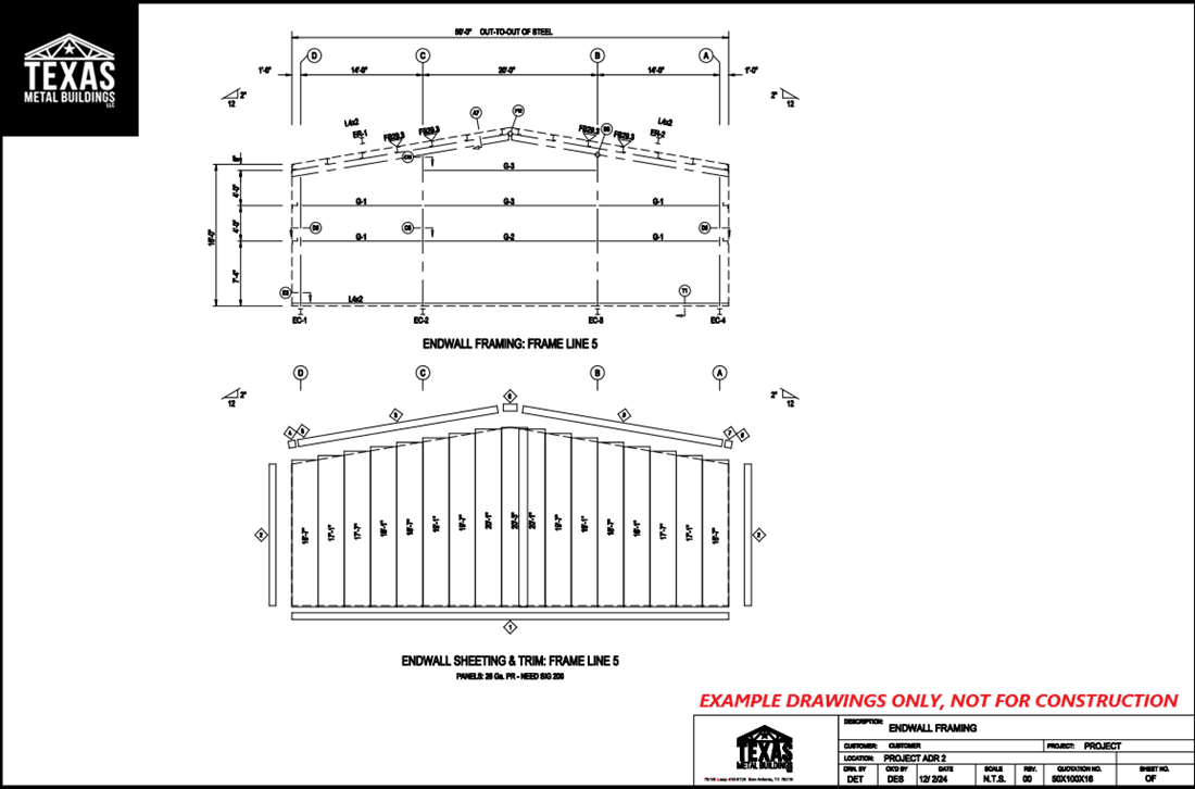 Right end wall framing diagram for PEMB showing girt spacing, columns, and panel layout from Texas Metal Buildings