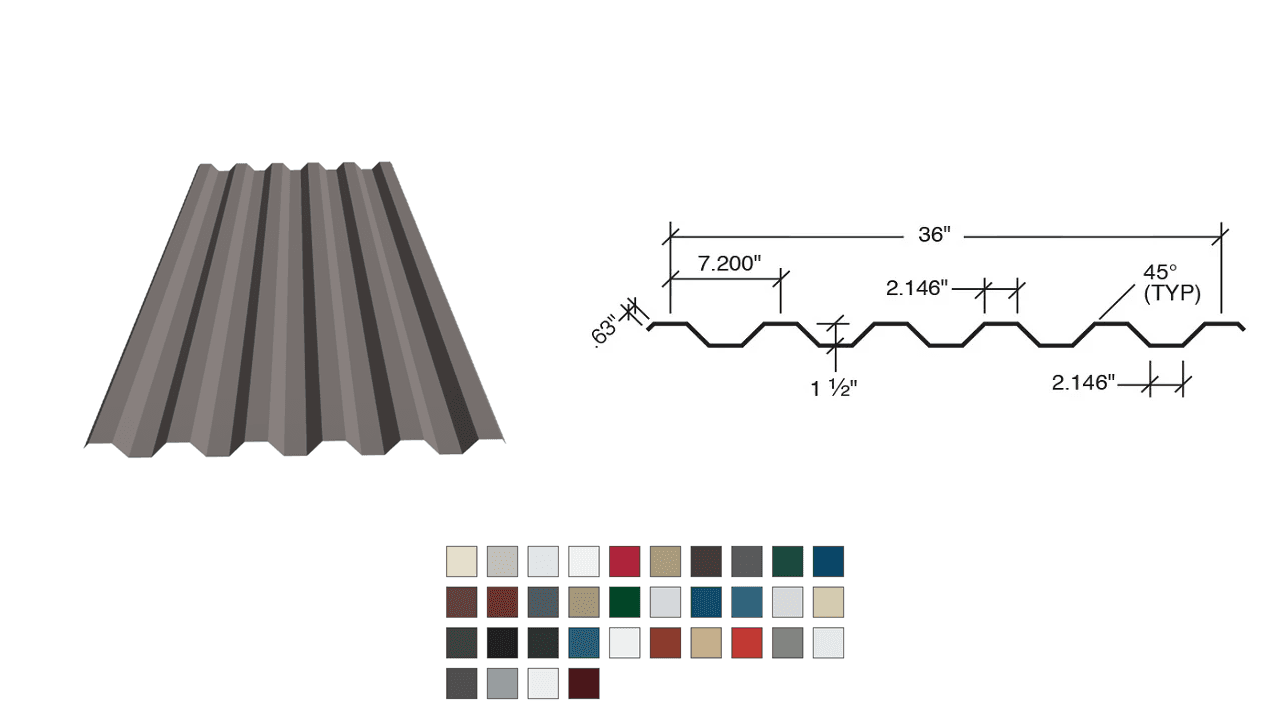 Diagram of corrugated metal roofing sheet with measurements and color options shown below.