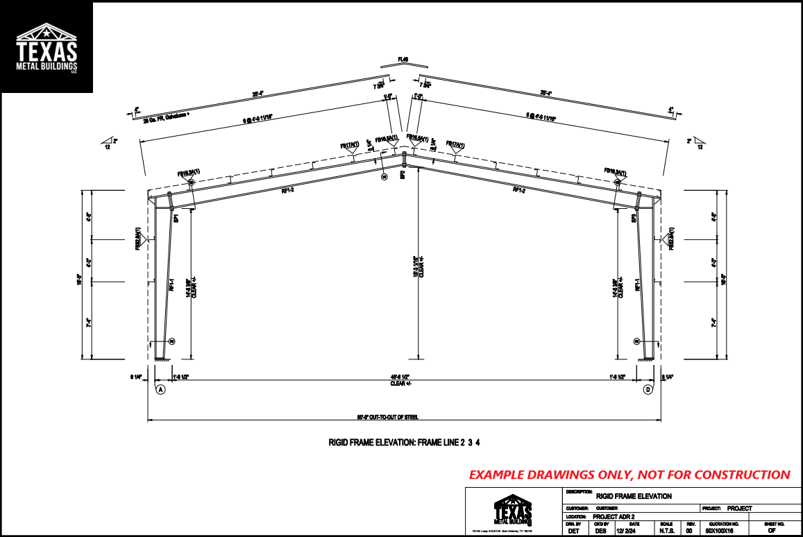 Technical drawing of a rigid frame elevation by Texas Metal Buildings with detailed measurements and annotations.