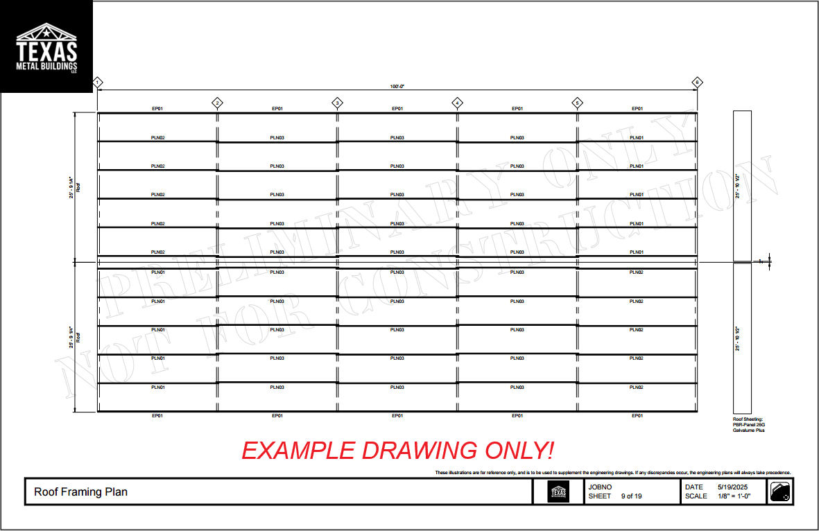 Cold formed steel roof framing layout showing purlin spacing, alignment, and top-down view of roof support system.
