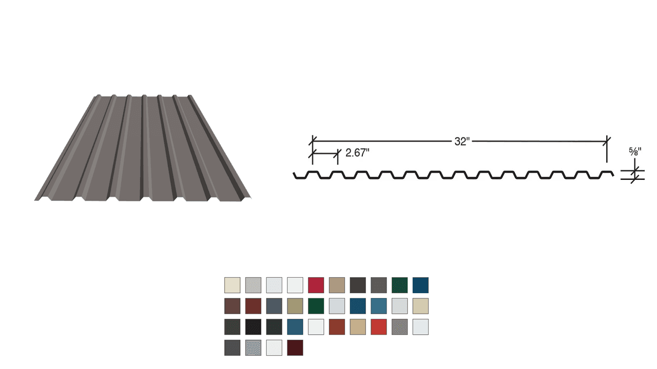 Corrugated metal roofing sheet with dimensions and available color swatches displayed below.