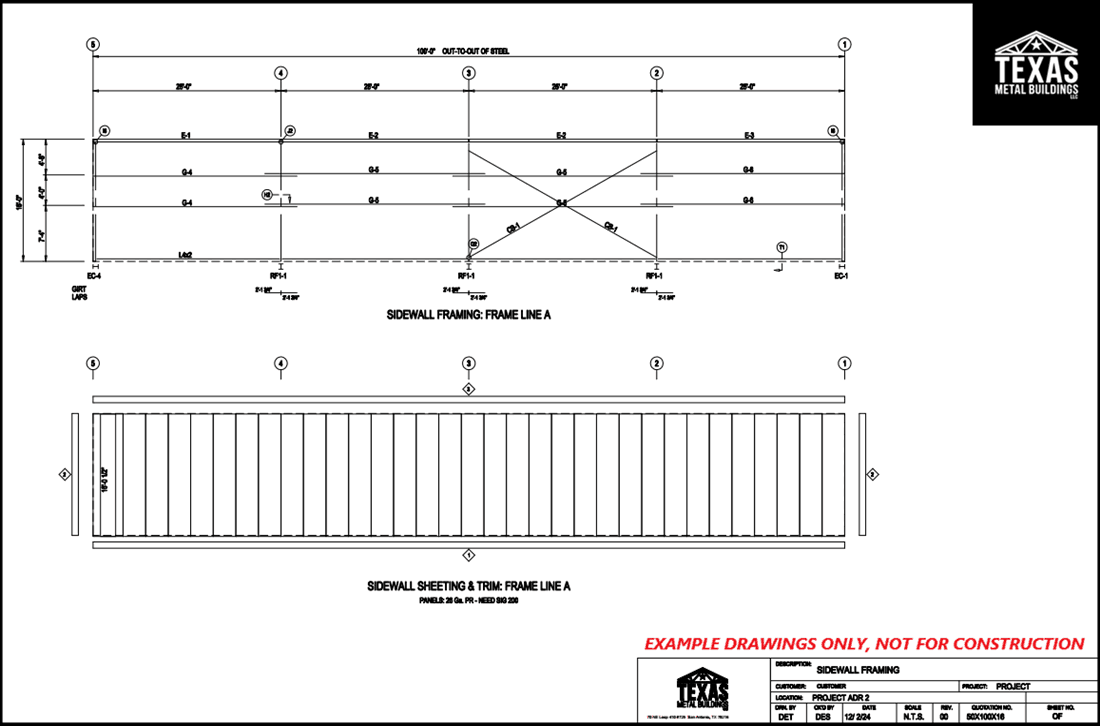 Blueprint of sidewall framing and sheeting for a metal building, labeled as example drawings.